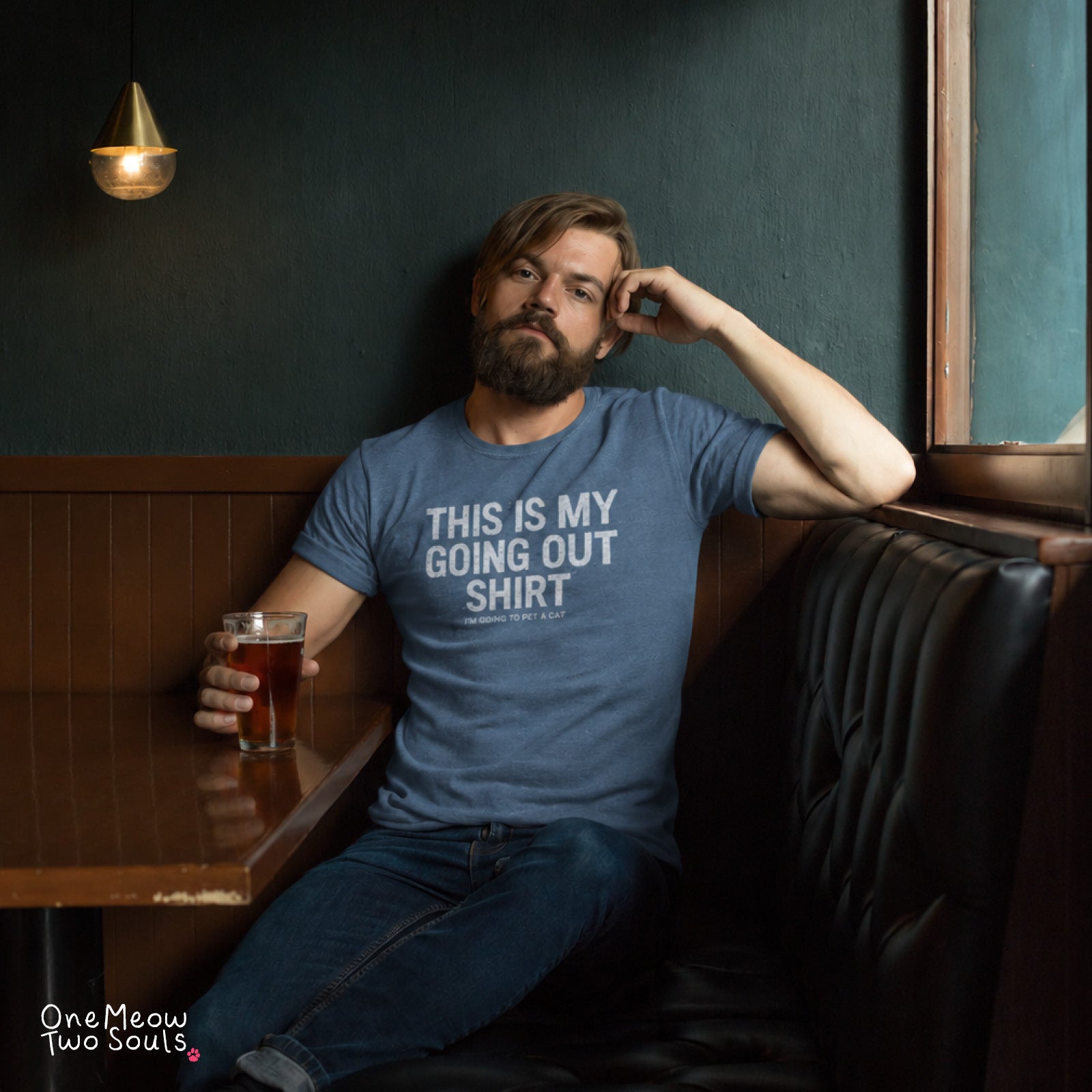 Blue Jean colored Comfort Colors 1717 cotton T-shirt, featuring a "This Is My Going Out Shirt. I Am Going To Pet A Cat" funny cat design illustration. One Meow Two Souls brand.