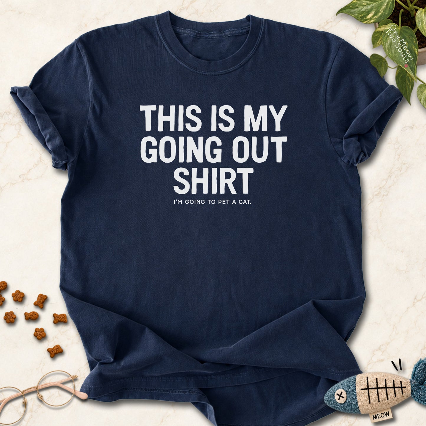Mavy colored Comfort Colors 1717 cotton T-shirt, featuring a "This Is My Going Out Shirt. I Am Going To Pet A Cat" funny cat design illustration. One Meow Two Souls brand.