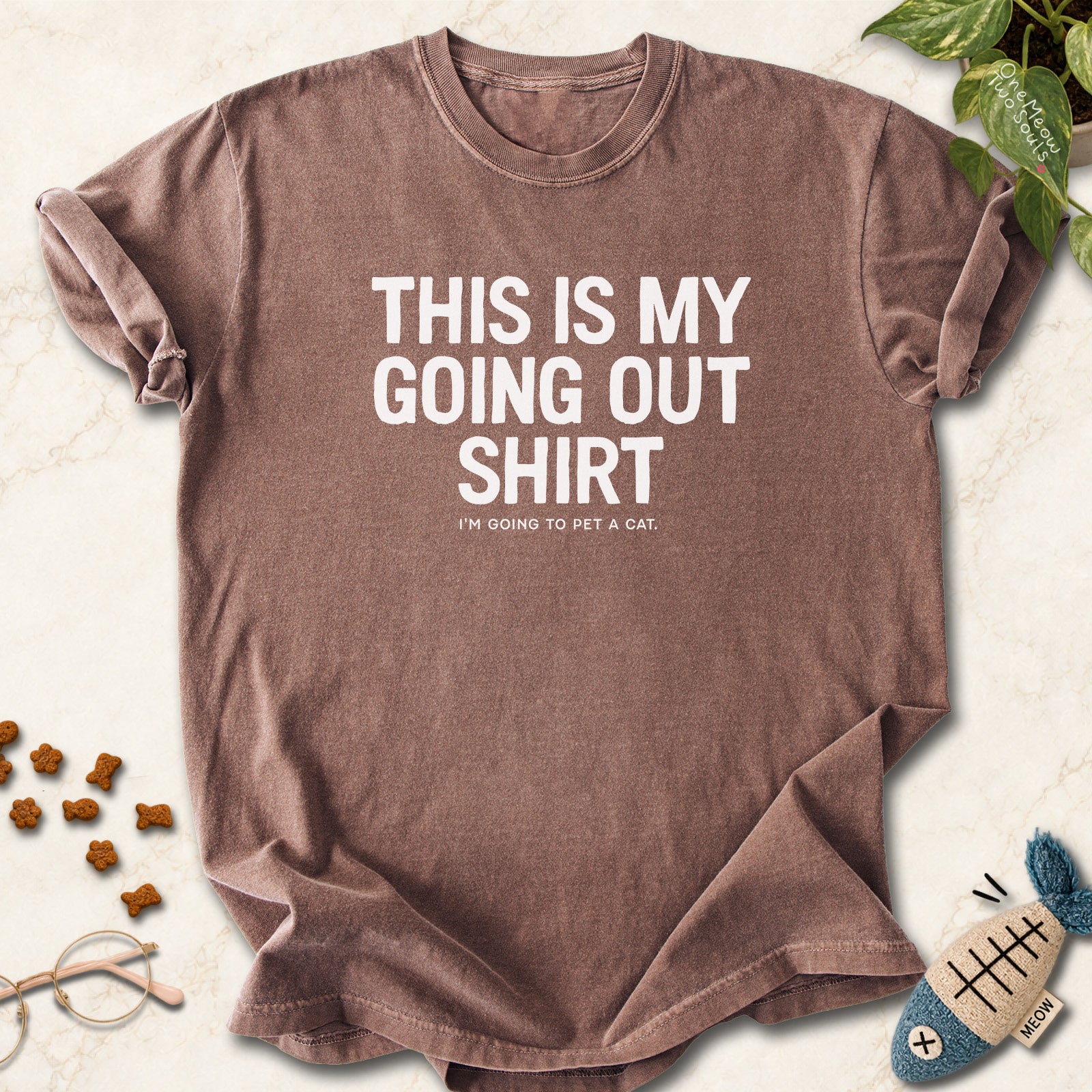 Espresso colored Comfort Colors 1717 cotton T-shirt, featuring a "This Is My Going Out Shirt. I Am Going To Pet A Cat" funny cat design illustration. One Meow Two Souls brand.