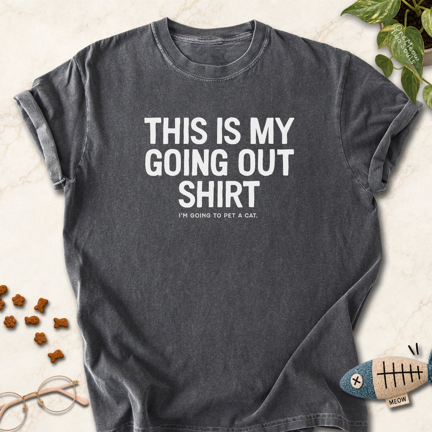 Pepper colored Comfort Colors 1717 cotton T-shirt, featuring a "This Is My Going Out Shirt. I Am Going To Pet A Cat" funny cat design illustration. One Meow Two Souls brand.