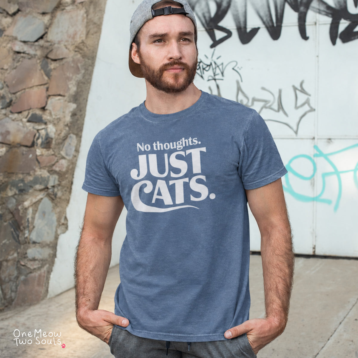 Blue jean colored Comfort Colors 1717 cotton T-shirt, featuring a "No Thought. Just Cats." funny cat design illustration. One Meow Two Souls brand.