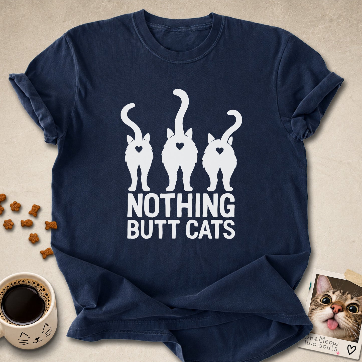 Navy colored Comfort Colors 1717 cotton T-shirt, featuring a "Nothing Butt Cats" funny cat design illustration. One Meow Two Souls brand.
