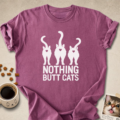 Berry colored Comfort Colors 1717 cotton T-shirt, featuring a "Nothing Butt Cats" funny cat design illustration. One Meow Two Souls brand.