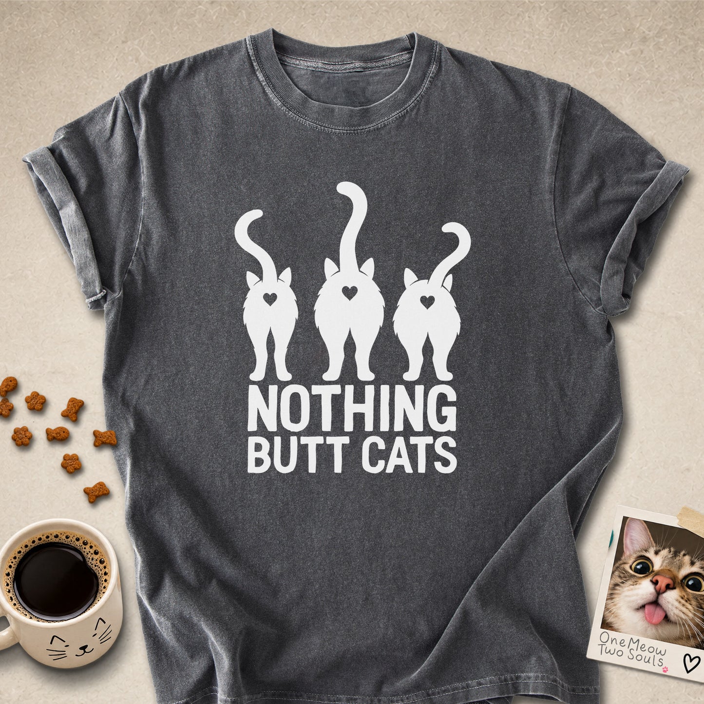 Pepper colored Comfort Colors 1717 cotton T-shirt, featuring a "Nothing Butt Cats" funny cat design illustration. One Meow Two Souls brand.
