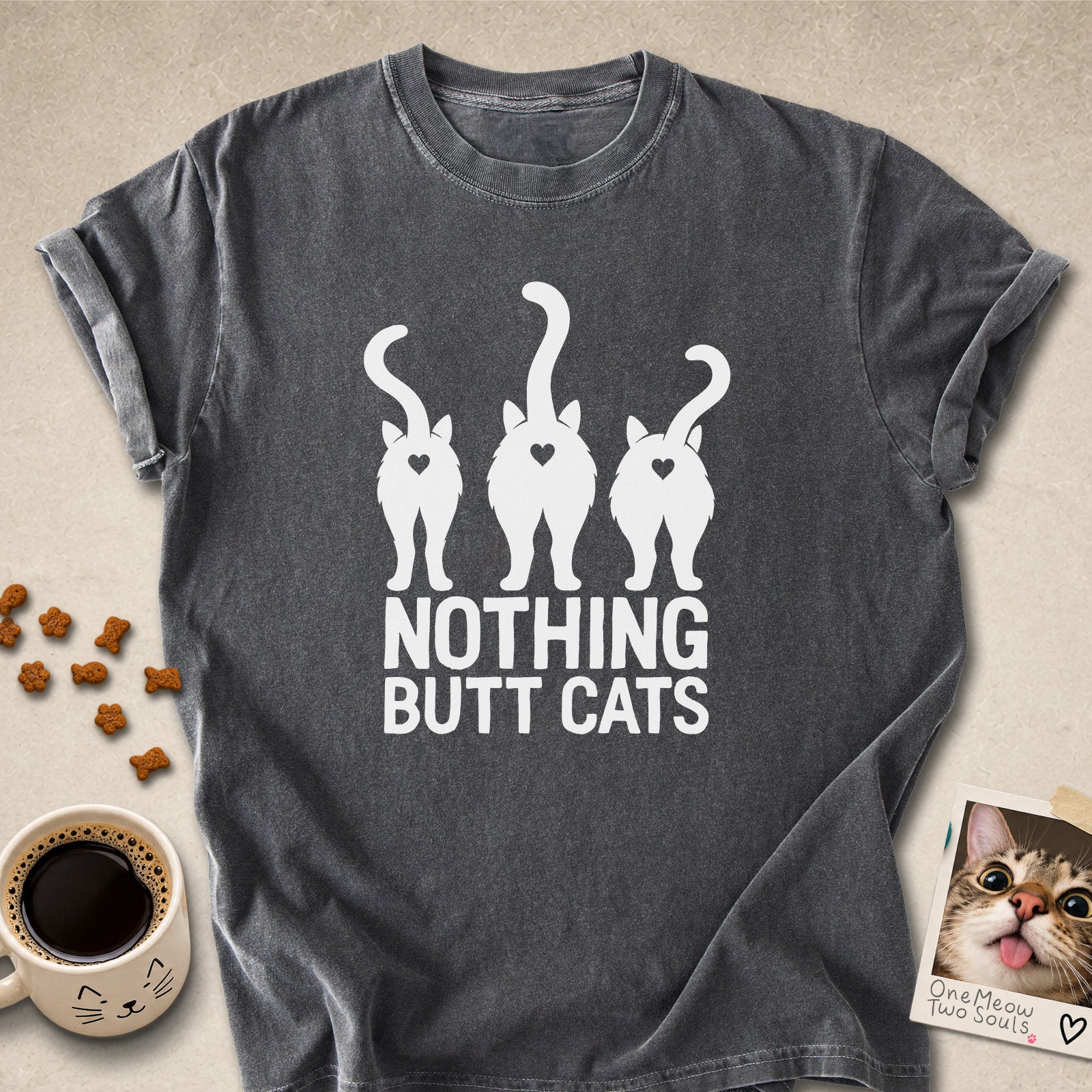 Pepper colored Comfort Colors 1717 cotton T-shirt, featuring a "Nothing Butt Cats" funny cat design illustration. One Meow Two Souls brand.