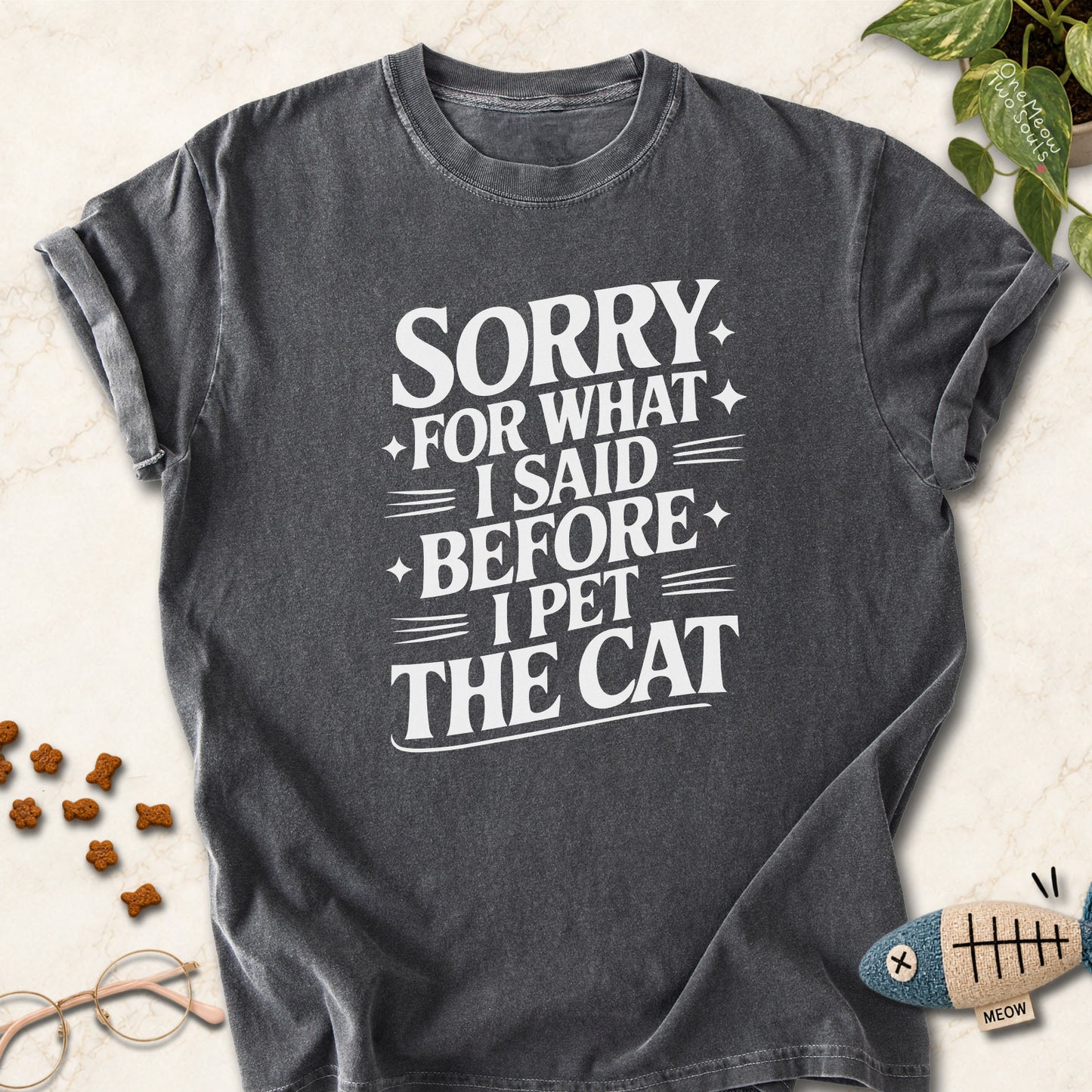 Pepper colored Comfort Colors 1717 cotton T-shirt, featuring a "Sorry for what I said before I pet the cat" funny cat design illustration. One Meow Two Souls brand.
