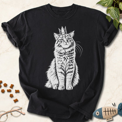 Black colored Comfort Colors 1717 cotton T-shirt, featuring a royal king cat design illustration. One Meow Two Souls brand.