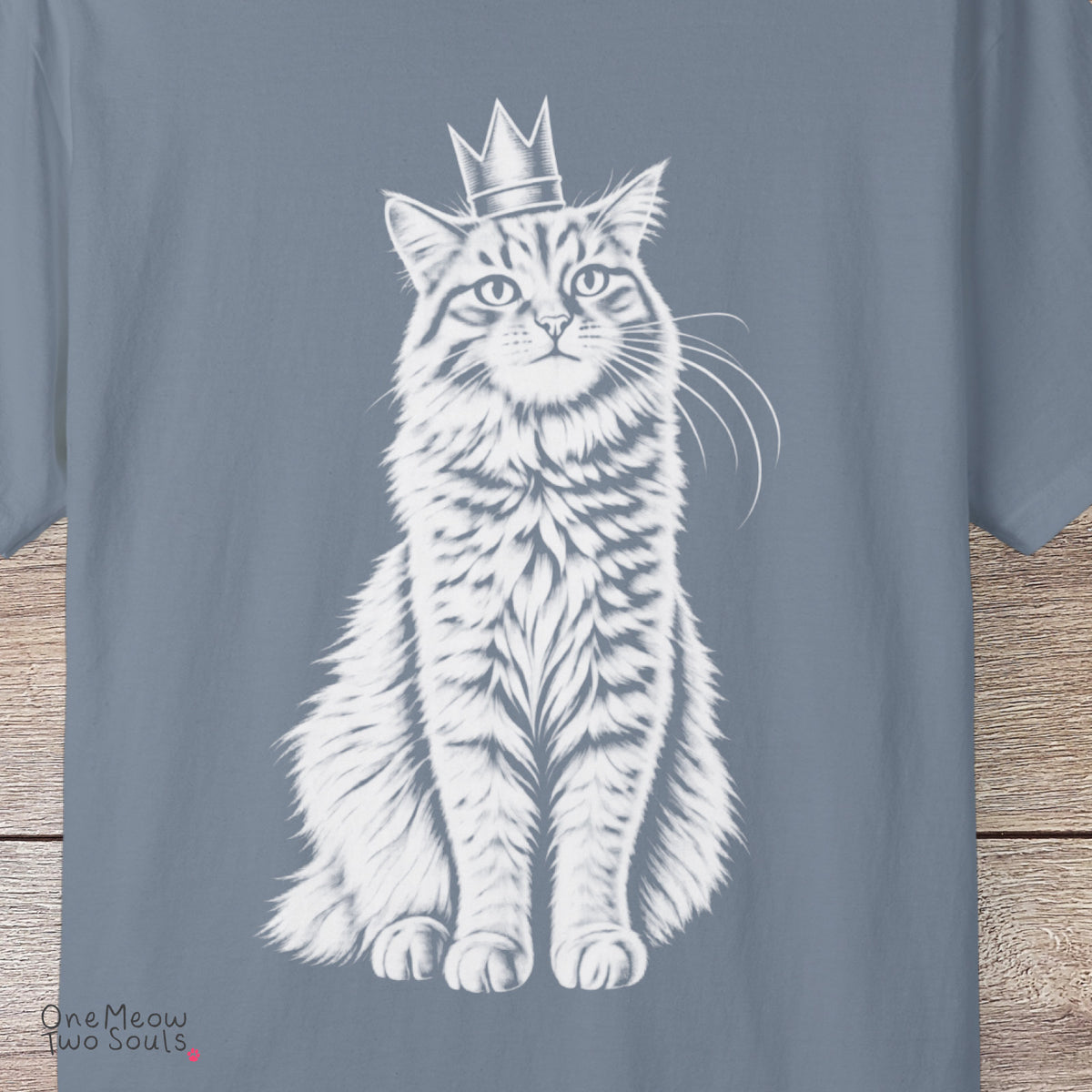 Blue Jean colored Comfort Colors 1717 cotton T-shirt, featuring a royal king cat design illustration. One Meow Two Souls brand.