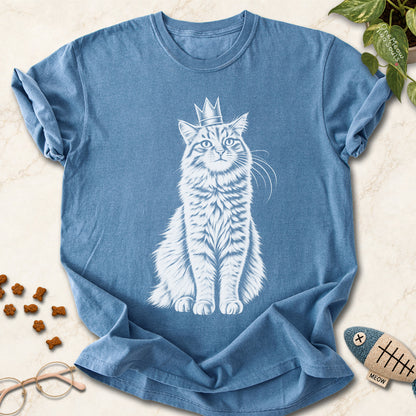 Blue jean colored Comfort Colors 1717 cotton T-shirt, featuring a royal king cat design illustration. One Meow Two Souls brand.