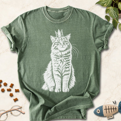 Moss colored Comfort Colors 1717 cotton T-shirt, featuring a royal king cat design illustration. One Meow Two Souls brand.