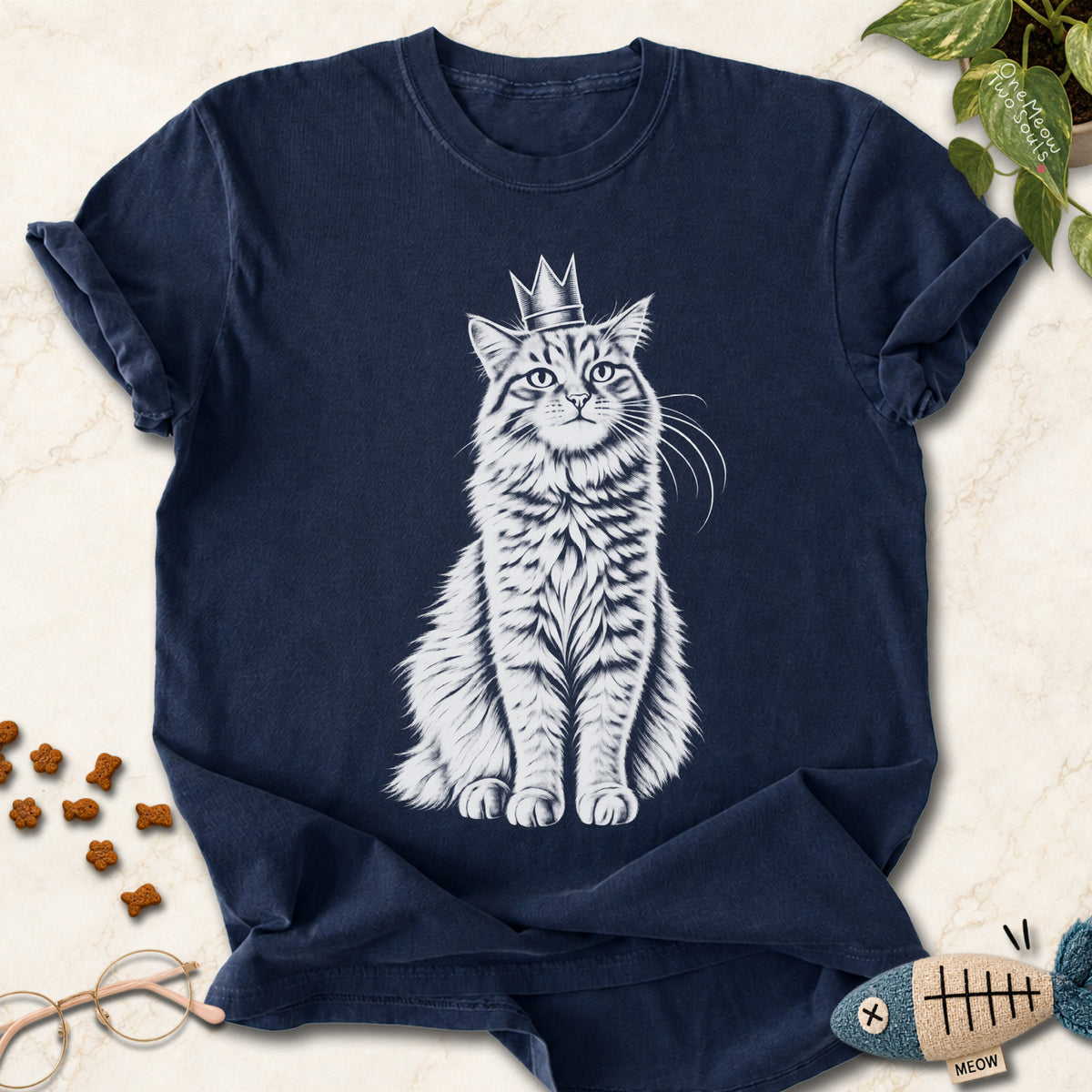 Navy colored Comfort Colors 1717 cotton T-shirt, featuring a royal king cat design illustration. One Meow Two Souls brand.