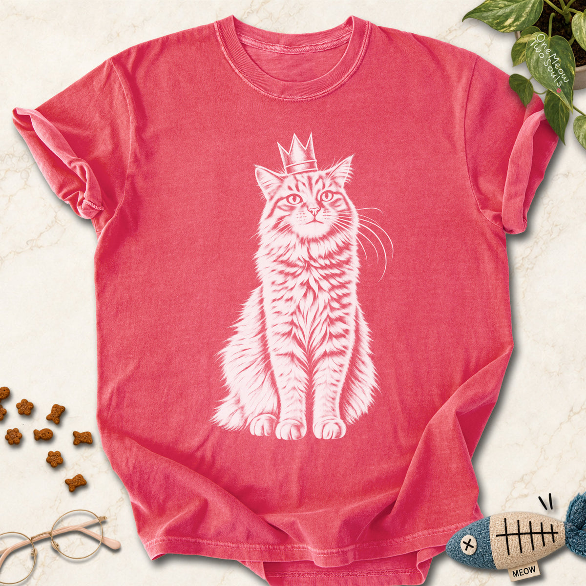 Watermelon colored Comfort Colors 1717 cotton T-shirt, featuring a royal king cat design illustration. One Meow Two Souls brand.