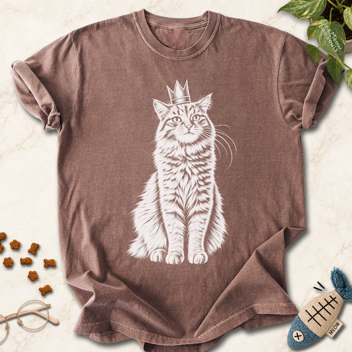 Espresso colored Comfort Colors 1717 cotton T-shirt, featuring a royal king cat design illustration. One Meow Two Souls brand.