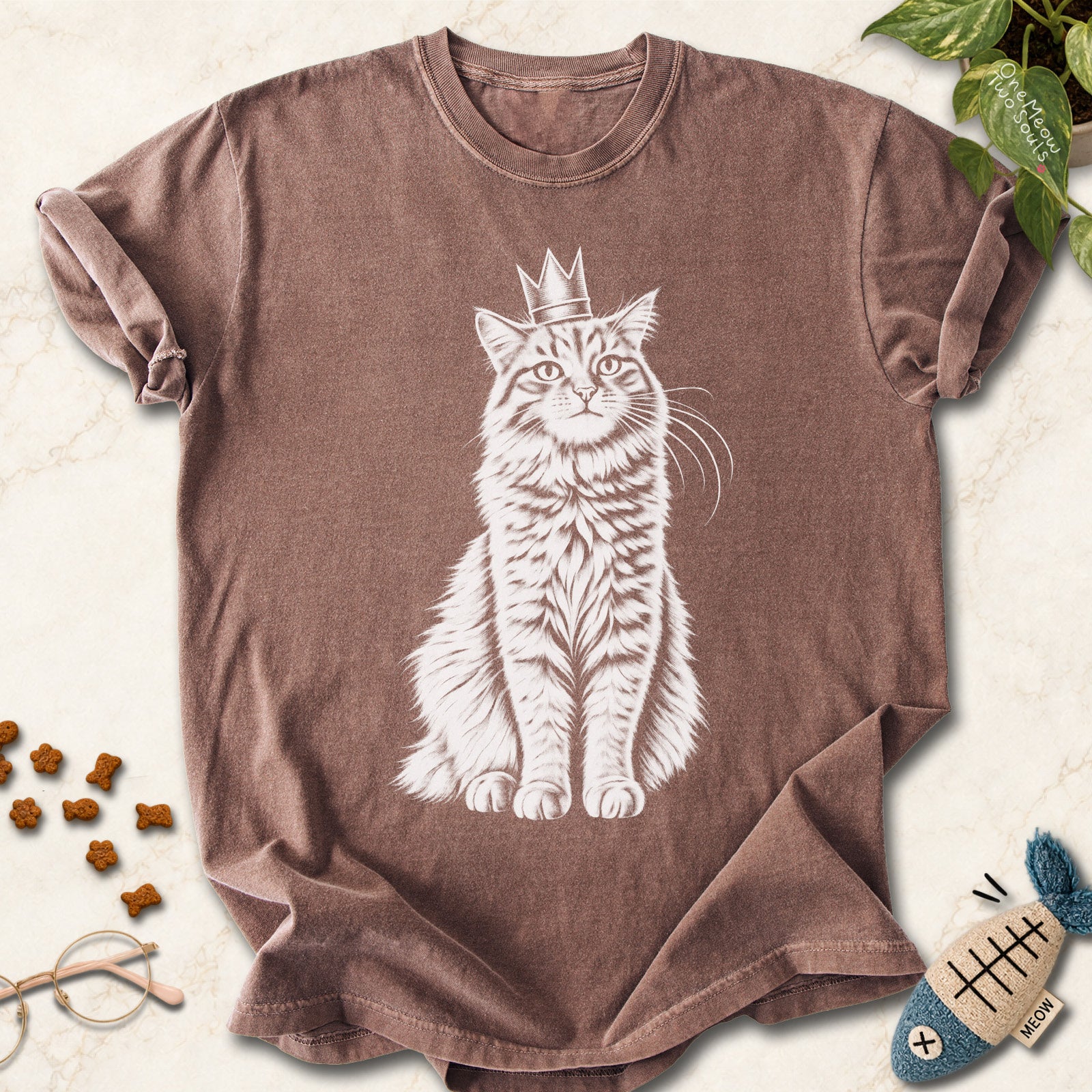 Espresso colored Comfort Colors 1717 cotton T-shirt, featuring a royal king cat design illustration. One Meow Two Souls brand.