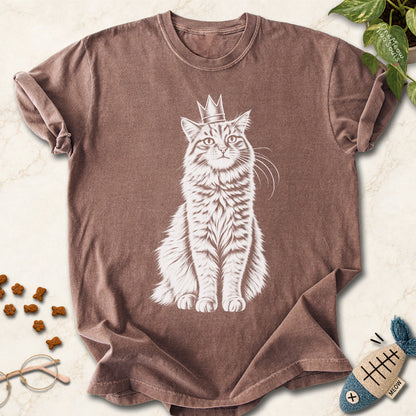 Espresso colored Comfort Colors 1717 cotton T-shirt, featuring a royal king cat design illustration. One Meow Two Souls brand.