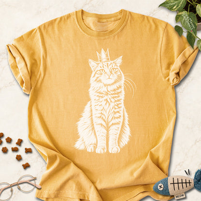 Mustard colored Comfort Colors 1717 cotton T-shirt, featuring a royal king cat design illustration. One Meow Two Souls brand.