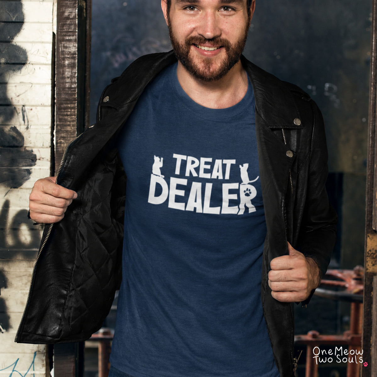 Navy colored Comfort Colors 1717 cotton T-shirt, featuring a "Treat Dealer" funny cat design illustration. One Meow Two Souls brand.