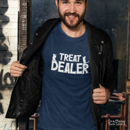 Navy colored Comfort Colors 1717 cotton T-shirt, featuring a "Treat Dealer" funny cat design illustration. One Meow Two Souls brand.