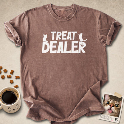 Espresso colored Comfort Colors 1717 cotton T-shirt, featuring a "Treat Dealer" funny cat design illustration. One Meow Two Souls brand.