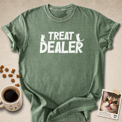 Moss colored Comfort Colors 1717 cotton T-shirt, featuring a "Treat Dealer" funny cat design illustration. One Meow Two Souls brand.