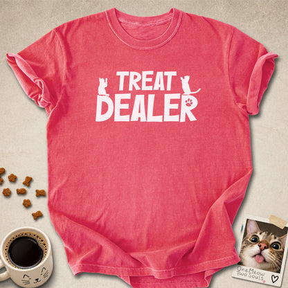 Watermelon colored Comfort Colors 1717 cotton T-shirt, featuring a "Treat Dealer" funny cat design illustration. One Meow Two Souls brand.