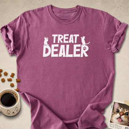 Berry colored Comfort Colors 1717 cotton T-shirt, featuring a "Treat Dealer" funny cat design illustration. One Meow Two Souls brand.