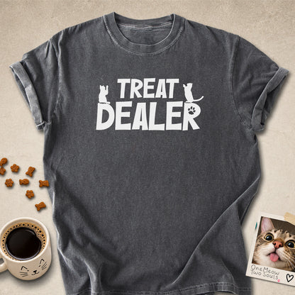 Pepper colored Comfort Colors 1717 cotton T-shirt, featuring a "Treat Dealer" funny cat design illustration. One Meow Two Souls brand.