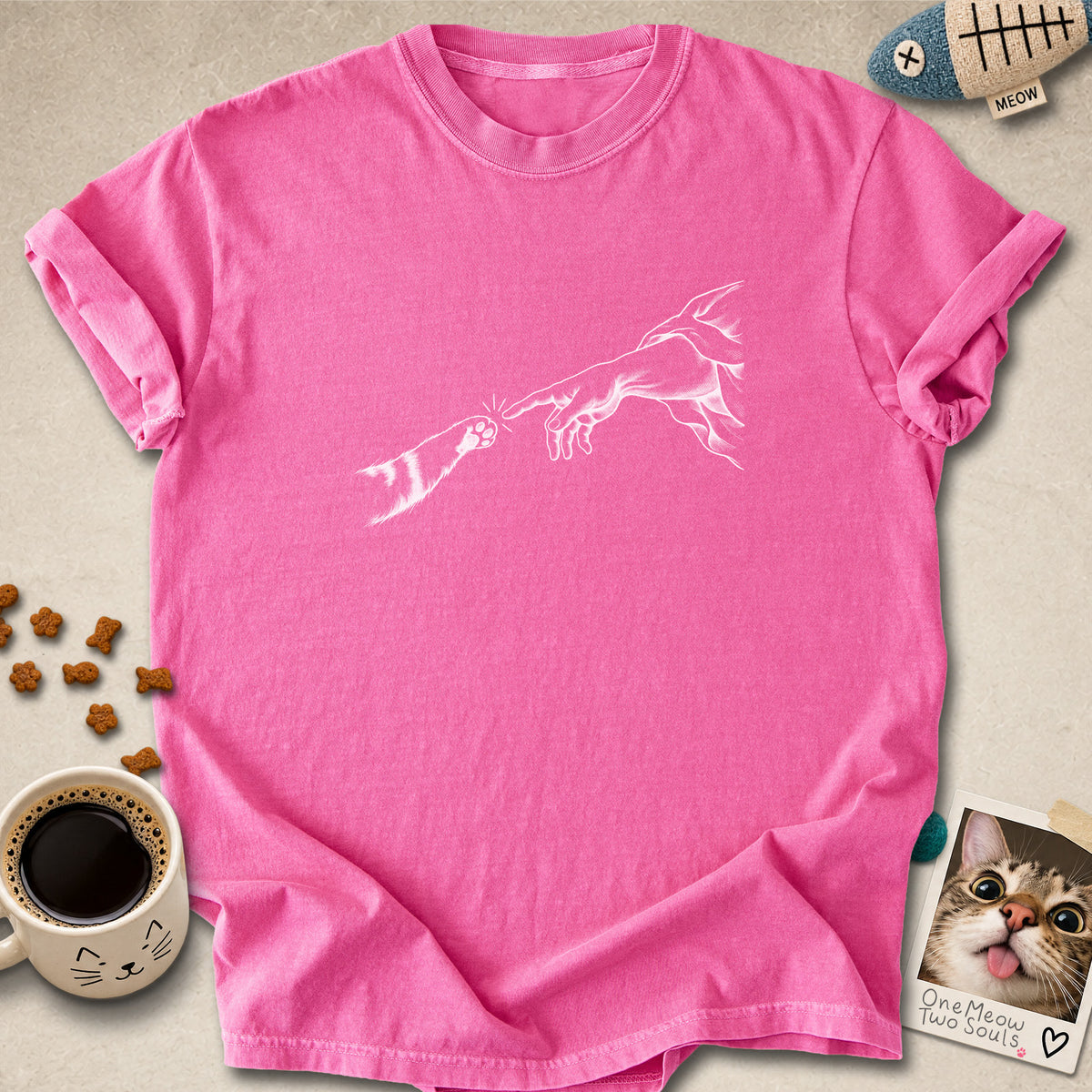 Crunchberry colored Comfort Colors 1717 cotton T-shirt, featuring a "The Creation Of Cat" funny cat design illustration. One Meow Two Souls brand.
