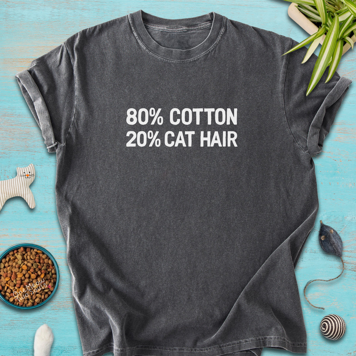 Pepper Color Comfort Colors 1717 t-shirt with a "80% cotton 20% cat hair" design. One Meow Two Souls brand.