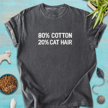 Pepper Color Comfort Colors 1717 t-shirt with a "80% cotton 20% cat hair" design. One Meow Two Souls brand.