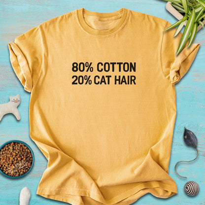 Mustard colored Comfort Colors 1717 t-shirt with a "80% cotton 20% cat hair" design. One Meow Two Souls brand.