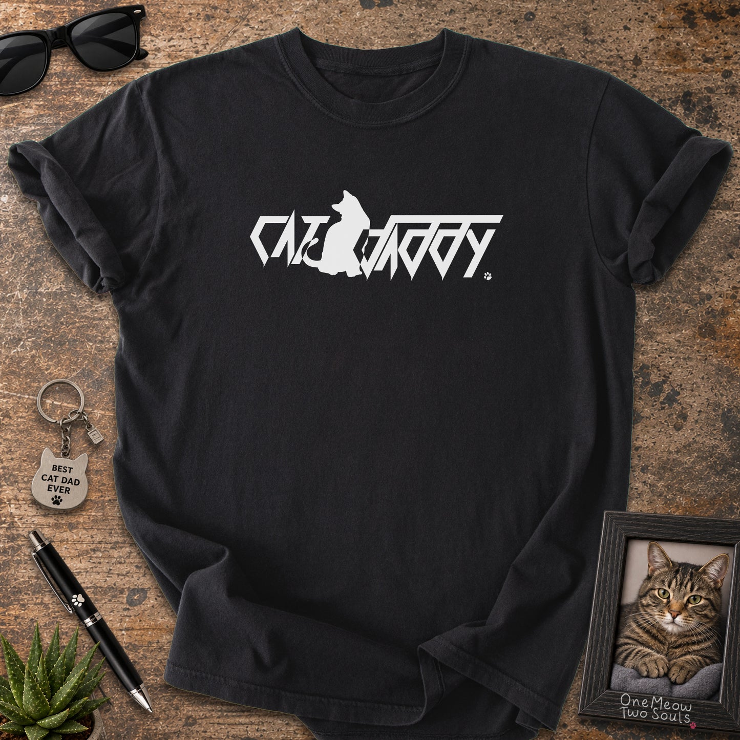 Black Comfort Colors 1717 t-shirt with a "Cat Daddy" graphic. One Meow Two Souls brand.