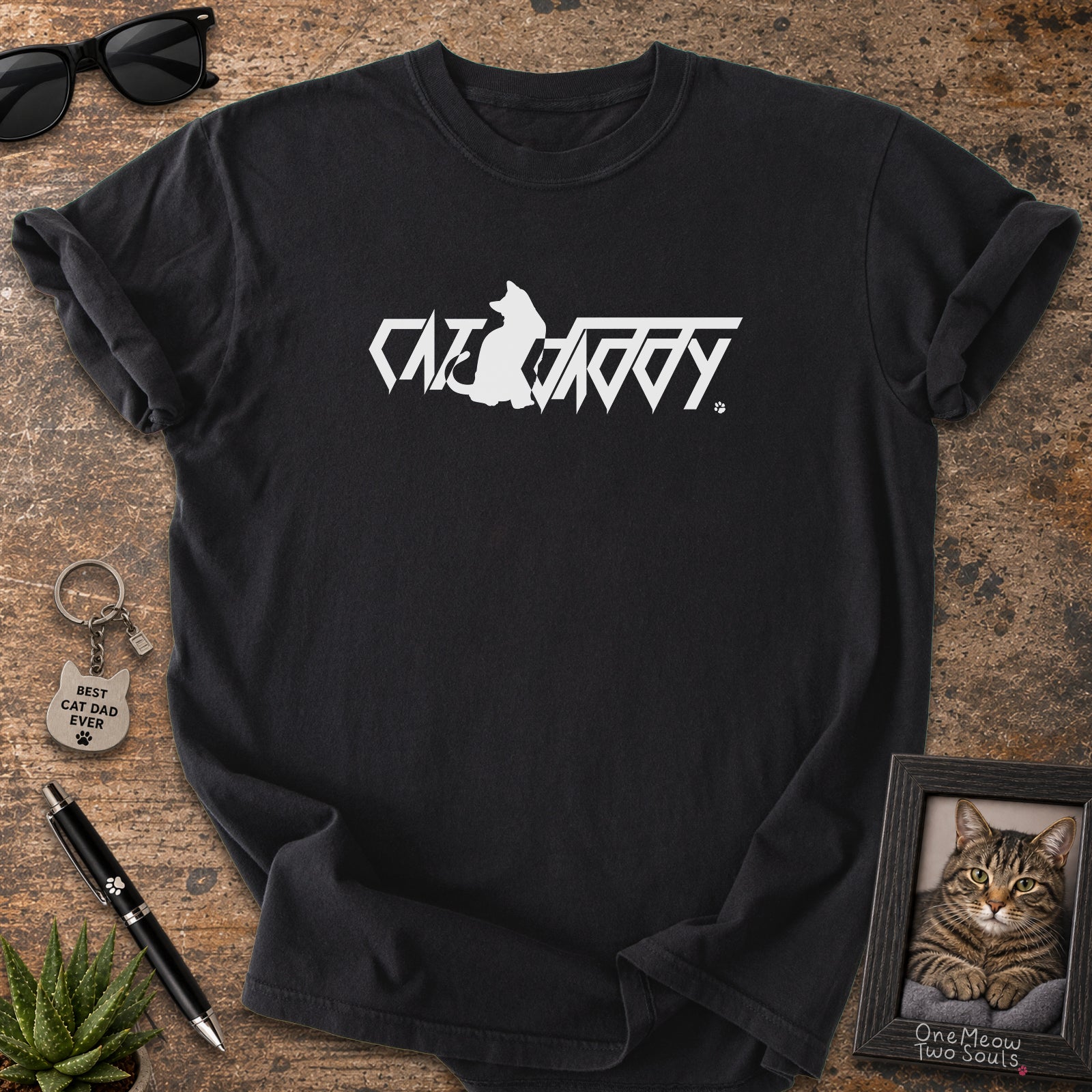 Black Comfort Colors 1717 t-shirt with a "Cat Daddy" graphic. One Meow Two Souls brand.