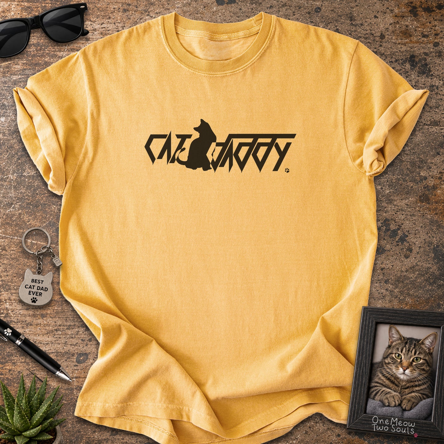 Mustard Comfort Colors 1717 t-shirt with a "Cat Daddy" graphic. One Meow Two Souls brand.