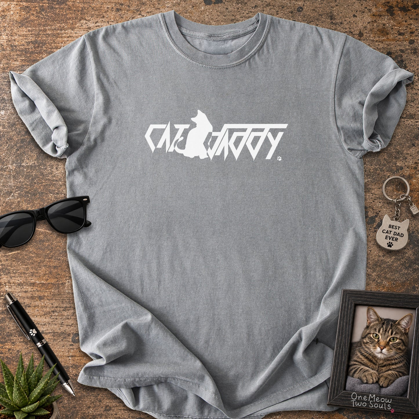 Grey Comfort Colors 1717 t-shirt with a "Cat Daddy" graphic. One Meow Two Souls brand.