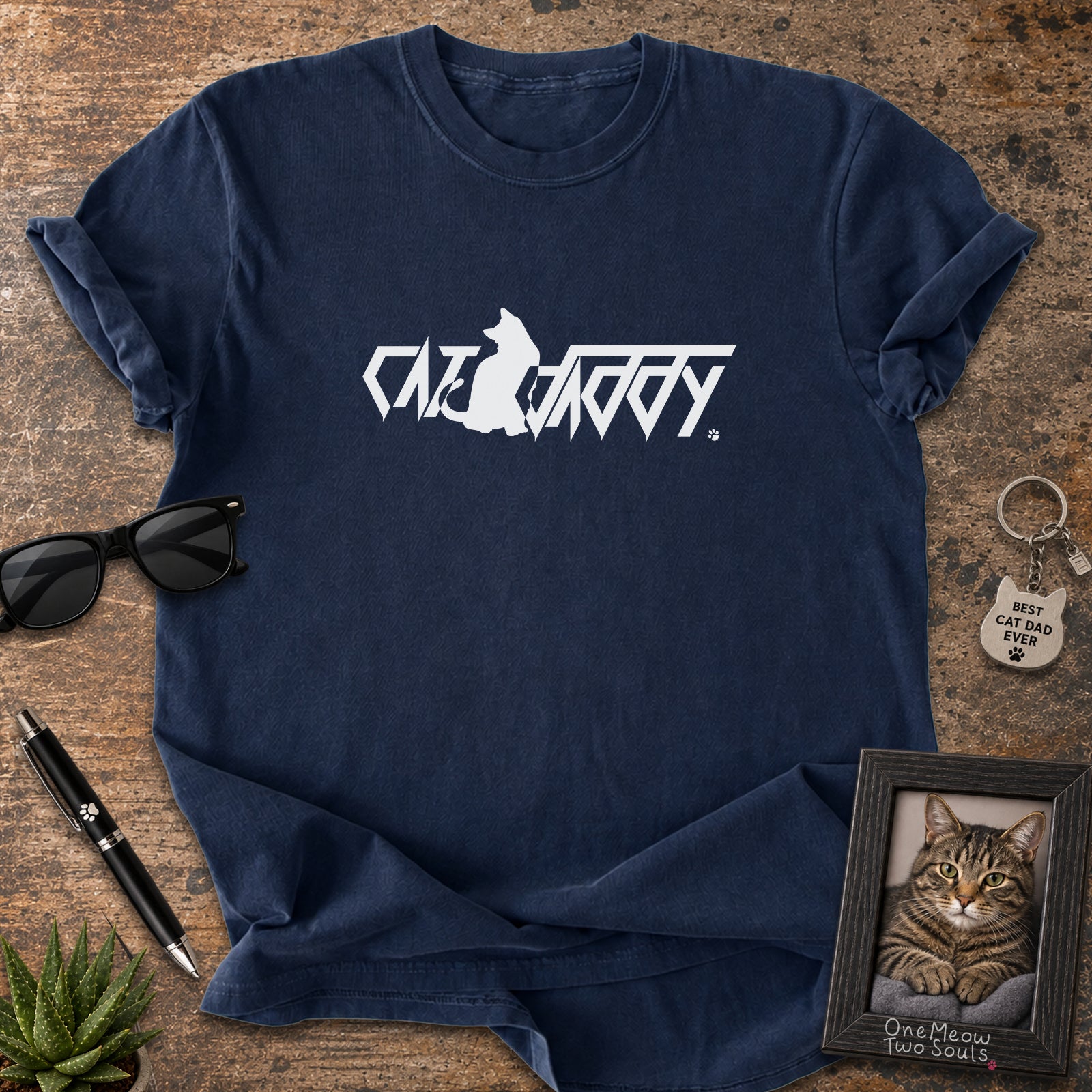Navy Comfort Colors 1717 t-shirt with a "Cat Daddy" graphic. One Meow Two Souls brand.