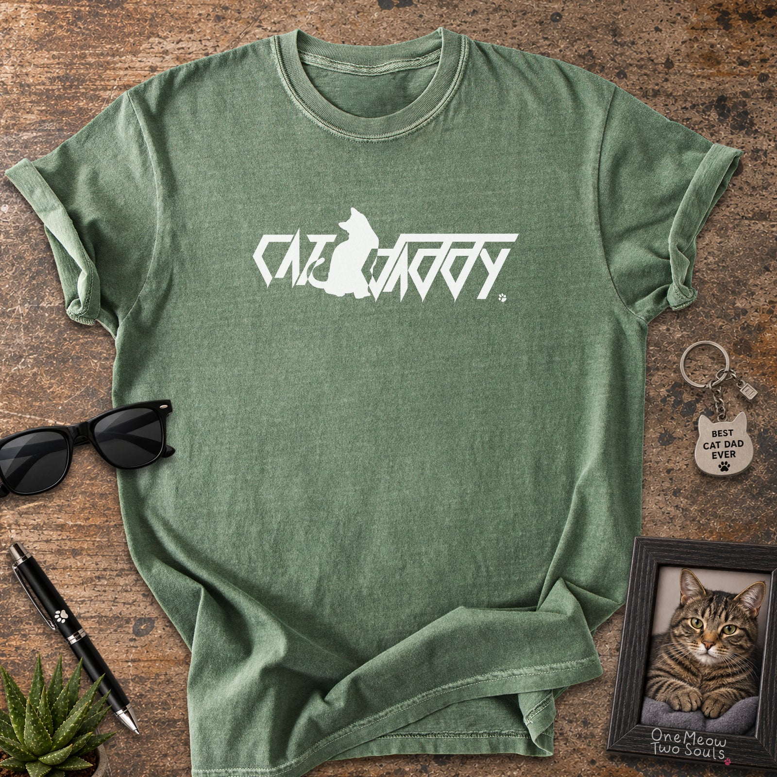 Moss Comfort Colors 1717 t-shirt with a "Cat Daddy" graphic. One Meow Two Souls brand.