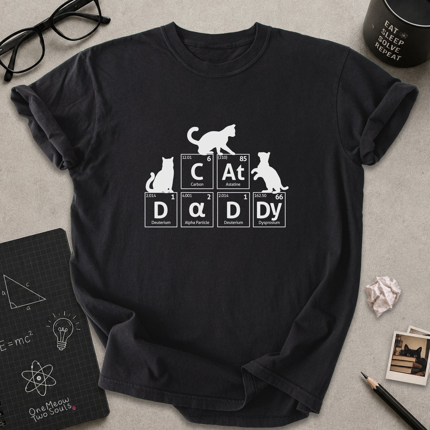 Black color Comfort Colors 1717 t-shirt tee with a Cat Daddy chemisty periodic table design. One Meow Two Souls brand.