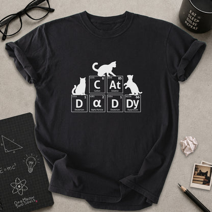 Black color Comfort Colors 1717 t-shirt tee with a Cat Daddy chemisty periodic table design. One Meow Two Souls brand.