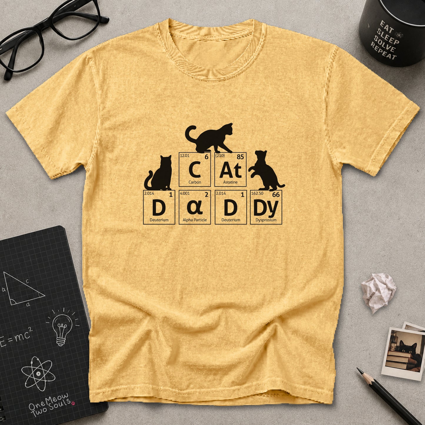 Mustard color Comfort Colors 1717 t-shirt tee with a Cat Daddy chemisty periodic table design. One Meow Two Souls brand.