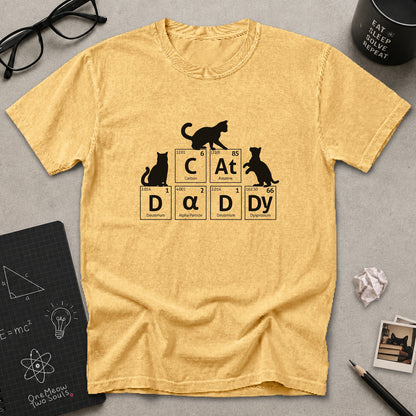 Mustard color Comfort Colors 1717 t-shirt tee with a Cat Daddy chemisty periodic table design. One Meow Two Souls brand.