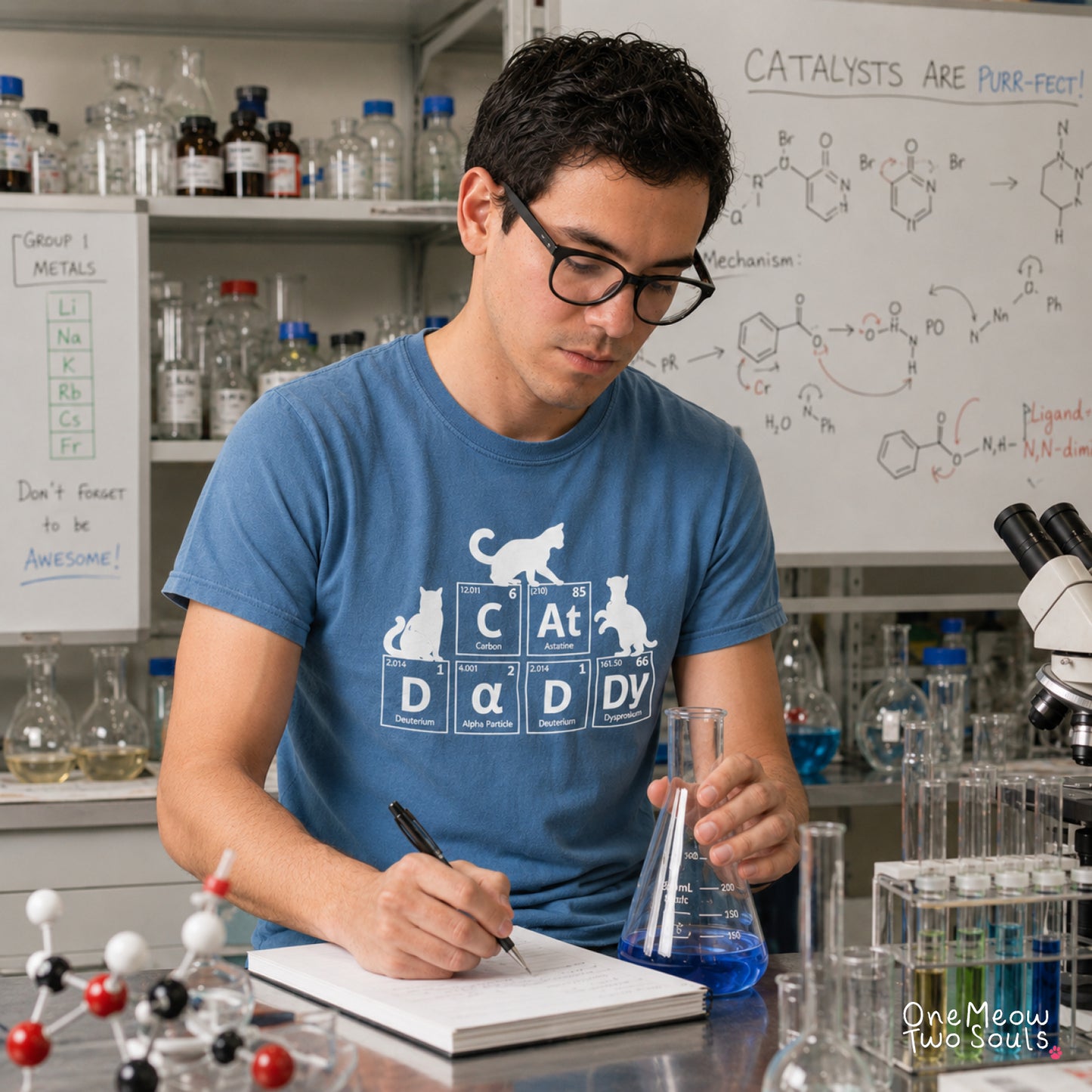 A man in a lab coat and glasses wearing a blue t-shirt with a white graphic of Cat Daddy writing in a notebook and holding a flask in a chemistry lab setting.
Blue jean color Comfort Colors 1717 t-shirt tee with a Cat Daddy chemisty periodic table design. One Meow Two Souls brand.