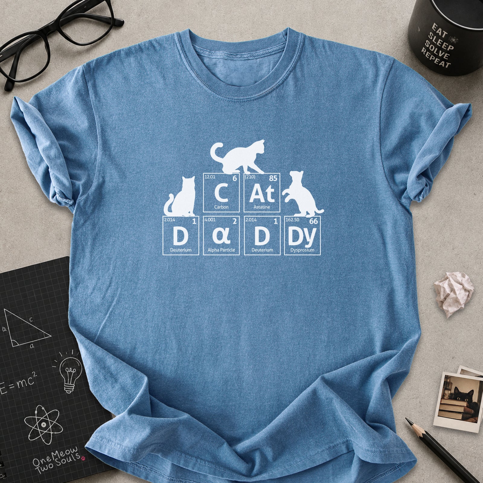 Blue jean color Comfort Colors 1717 t-shirt tee with a Cat Daddy chemisty periodic table design. One Meow Two Souls brand.