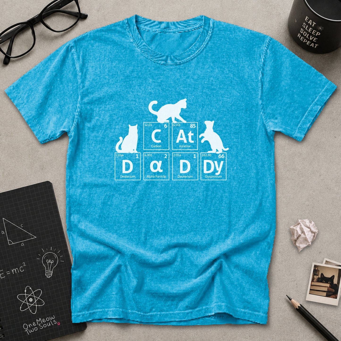 Sapphire color Comfort Colors 1717 t-shirt tee with a Cat Daddy chemisty periodic table design. One Meow Two Souls brand.