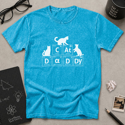 Sapphire color Comfort Colors 1717 t-shirt tee with a Cat Daddy chemisty periodic table design. One Meow Two Souls brand.