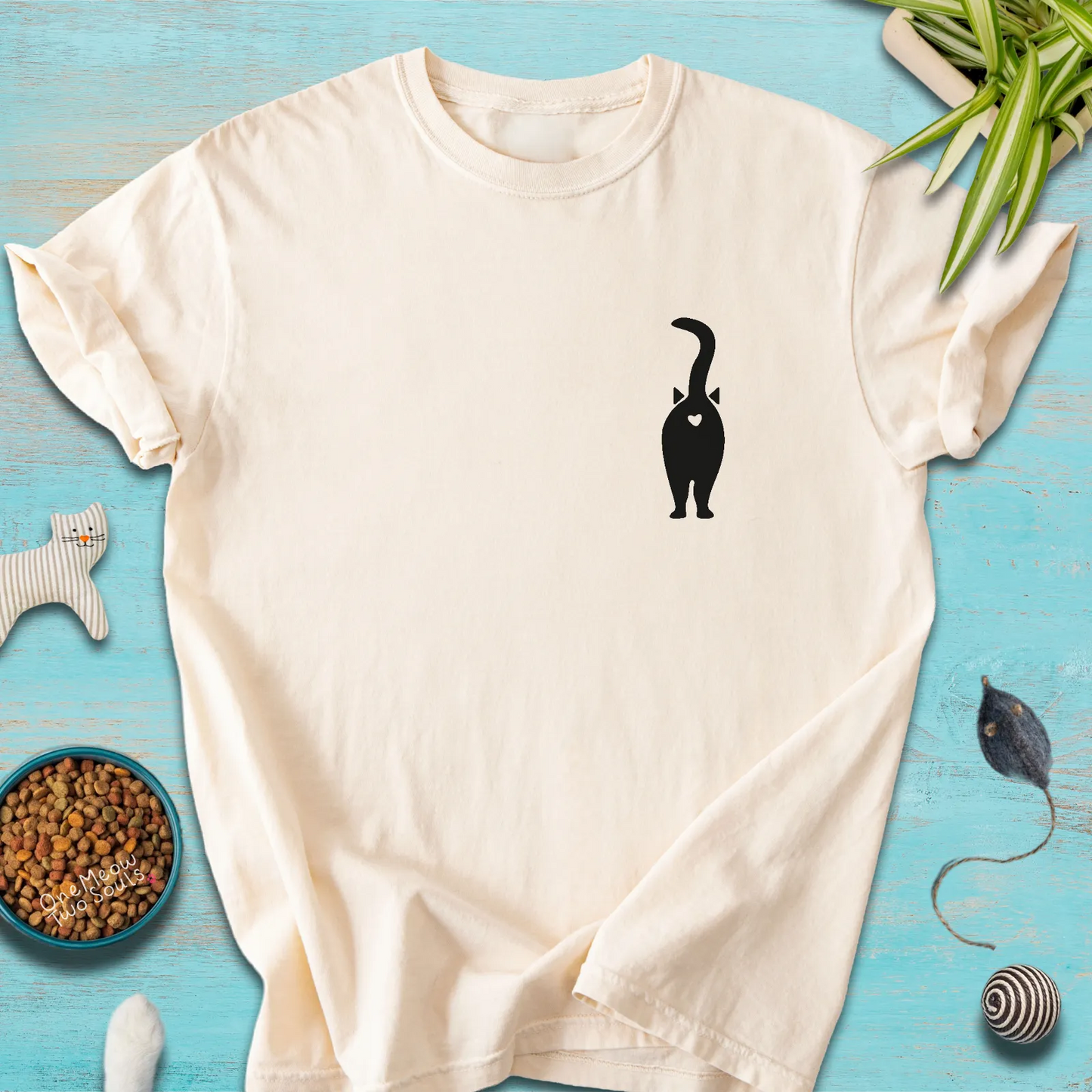 Ivory color Comfort Colors 1717 t-shirt with a funny cat Butt design. One Meow Two Sould brand.