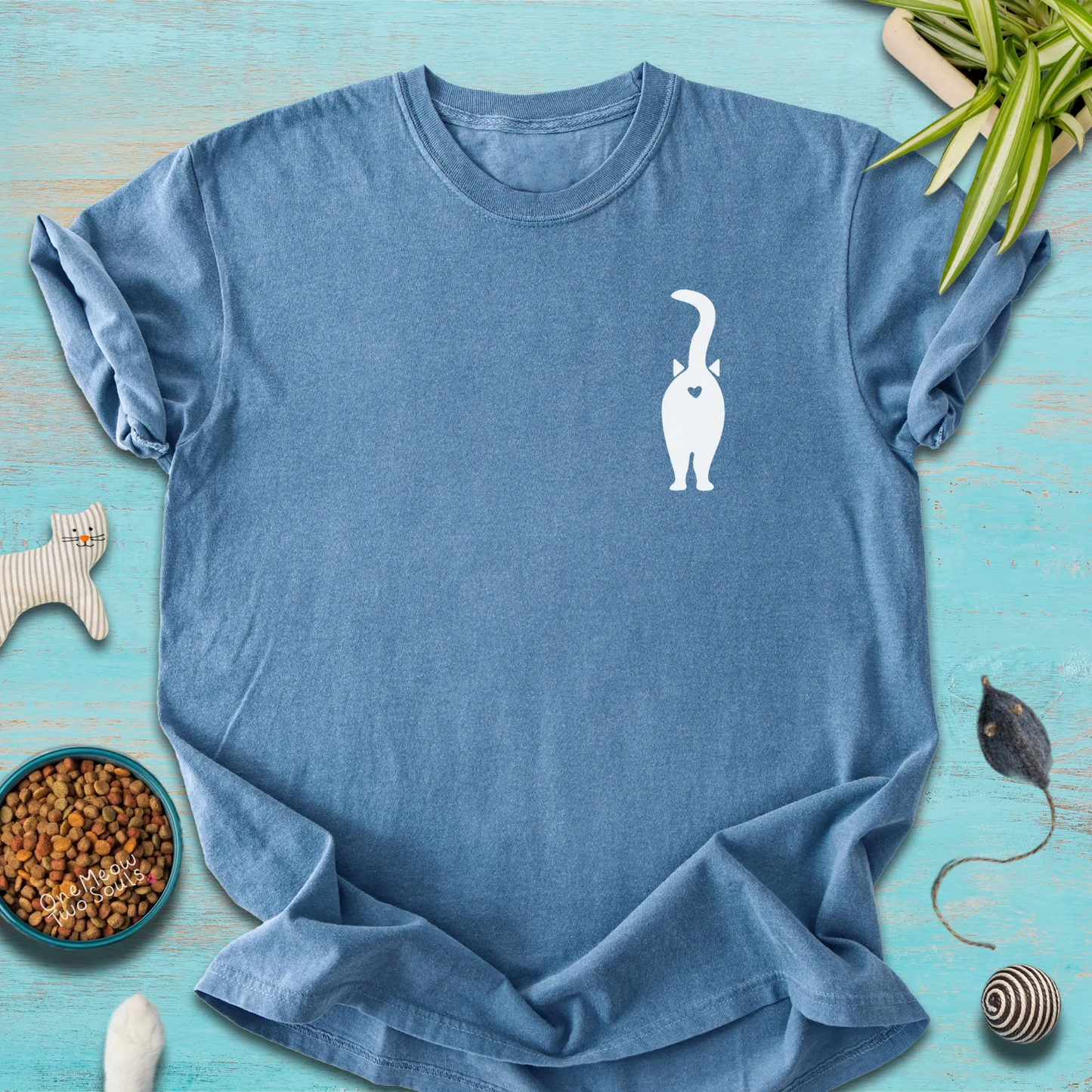 Blue jean color Comfort Colors 1717 t-shirt with a funny cat Butt design. One Meow Two Sould brand.
