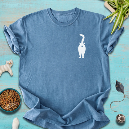 Blue jean color Comfort Colors 1717 t-shirt with a funny cat Butt design. One Meow Two Sould brand.