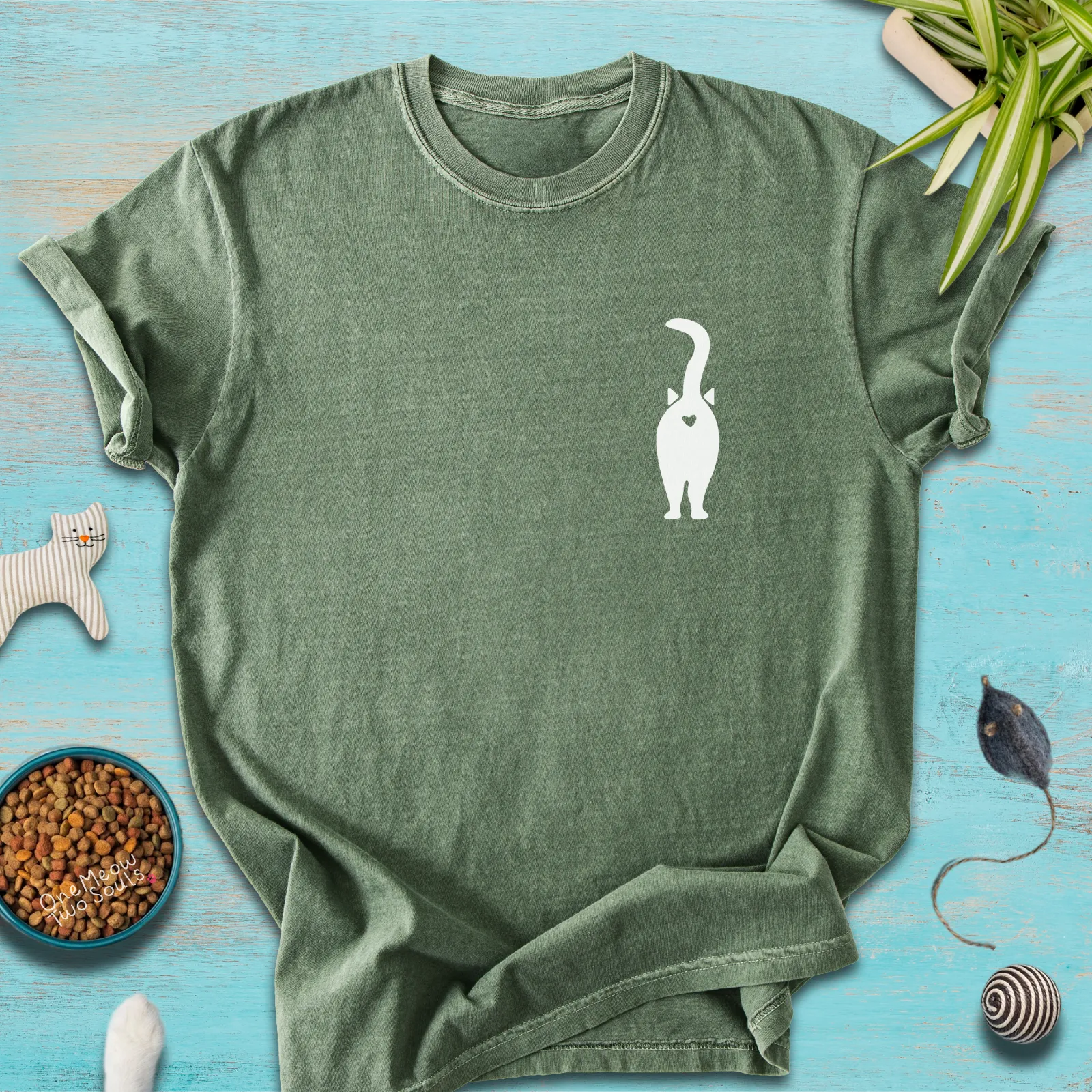 Moss color Comfort Colors 1717 t-shirt with a funny cat Butt design. One Meow Two Sould brand.