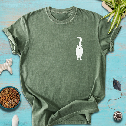 Moss color Comfort Colors 1717 t-shirt with a funny cat Butt design. One Meow Two Sould brand.